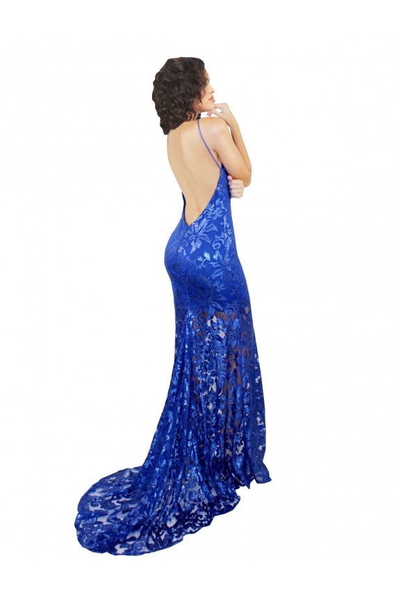 Buy High Neck Long Lace Royal Blue Sleeveless Semi Formal Evening Dress UK