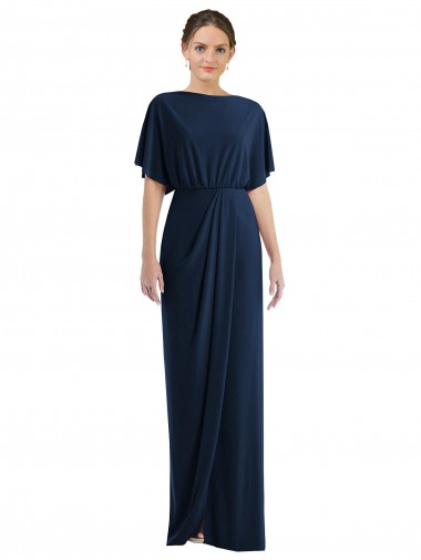 Buy Bateau Neck Long Spandex Dark Navy Short Sleeves Semi Formal Evening Dress UK