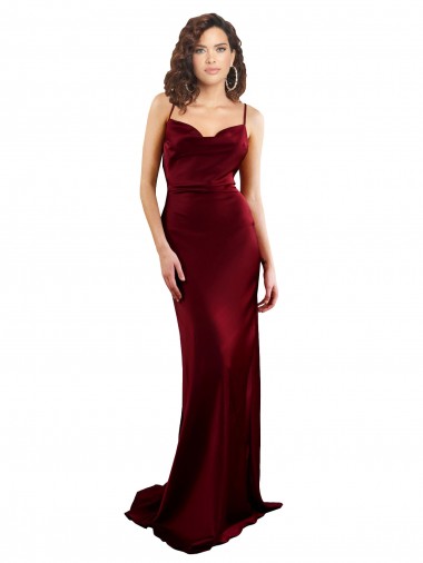 Buy Cowl Neck Long Silky Satin Burgundy Sleeveless Formal Evening Dress UK