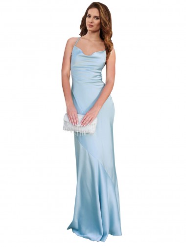 Buy Cowl Neck Long Silky Satin Light Sky Blue Sleeveless Formal Evening Dress UK