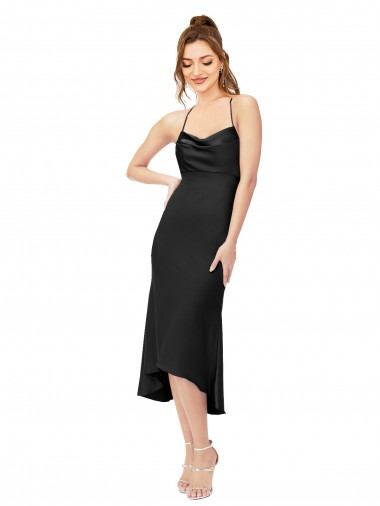 Buy Cowl Neck Midi Length Silky Satin Black Sleeveless High Low Evening Dress UK