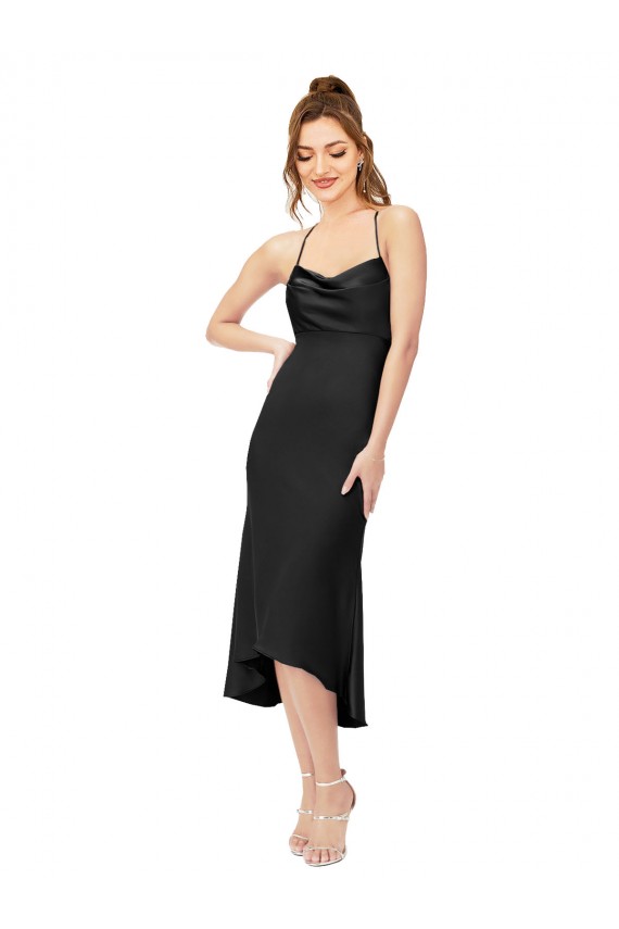 Buy Cowl Neck Midi Length Silky Satin Black Sleeveless High Low Evening Dress UK