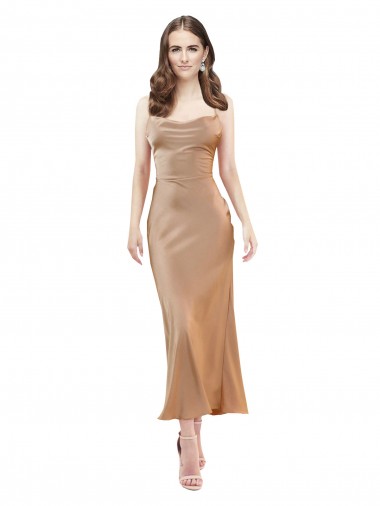 Buy Cowl Neck Midi Length Silky Satin Rose Gold Sleeveless Formal Evening Dress UK