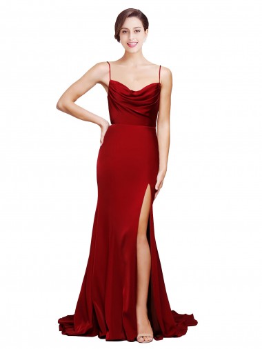 Buy Cowl Neck Sweep Train Stretch Satin Burgundy Sleeveless Black Tie Evening Dress UK