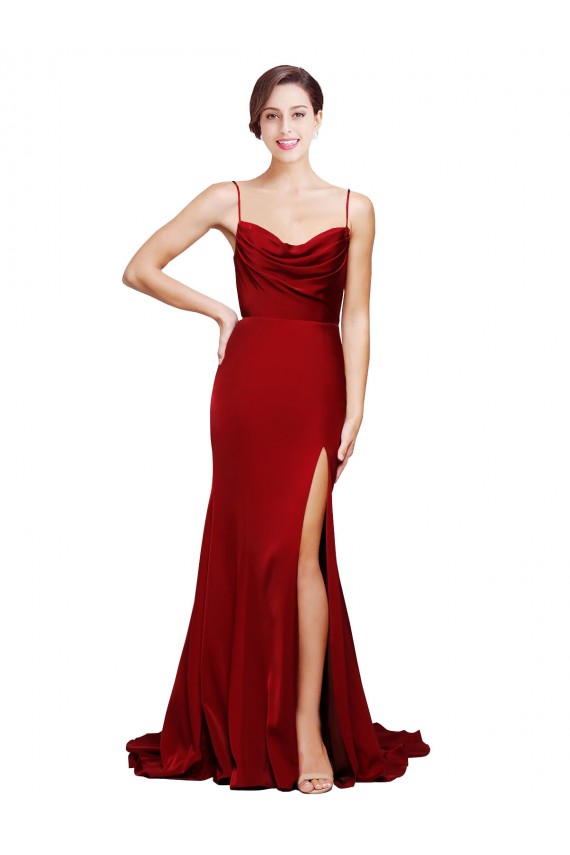 Buy Cowl Neck Sweep Train Stretch Satin Burgundy Sleeveless Black Tie Evening Dress UK