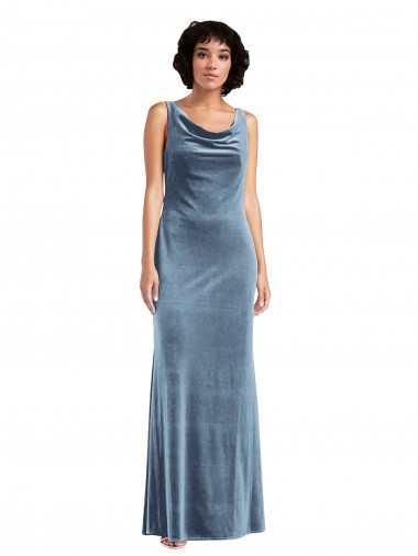 Buy Cowl Neck Long Stretch Velvet Dusty Blue Sleeveless Evening Dress UK