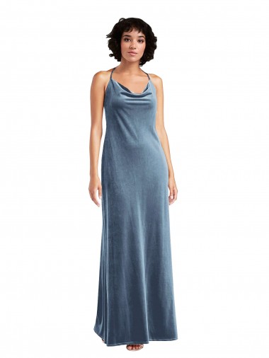 Buy Cowl Neck Long Stretch Velvet Dusty Blue Sleeveless Evening Gown UK