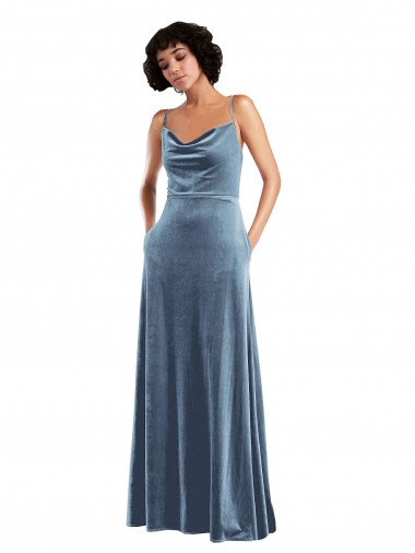 Buy Cowl Neck Long Stretch Velvet Dusty Blue Sleeveless Semi Formal Evening Dress UK