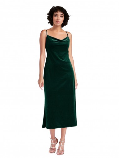 Buy Cowl Neck Midi Length Stretch Velvet Dark Green Sleeveless Black Tie Evening Dress UK