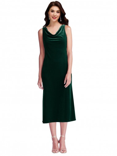 Buy Cowl Neck Midi Length Stretch Velvet Dark Green Sleeveless Evening Dress UK