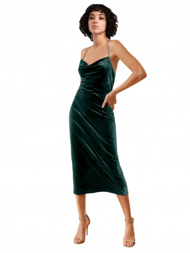 Buy Cowl Neck Midi Length Stretch Velvet Dark Green Sleeveless Evening Gown UK