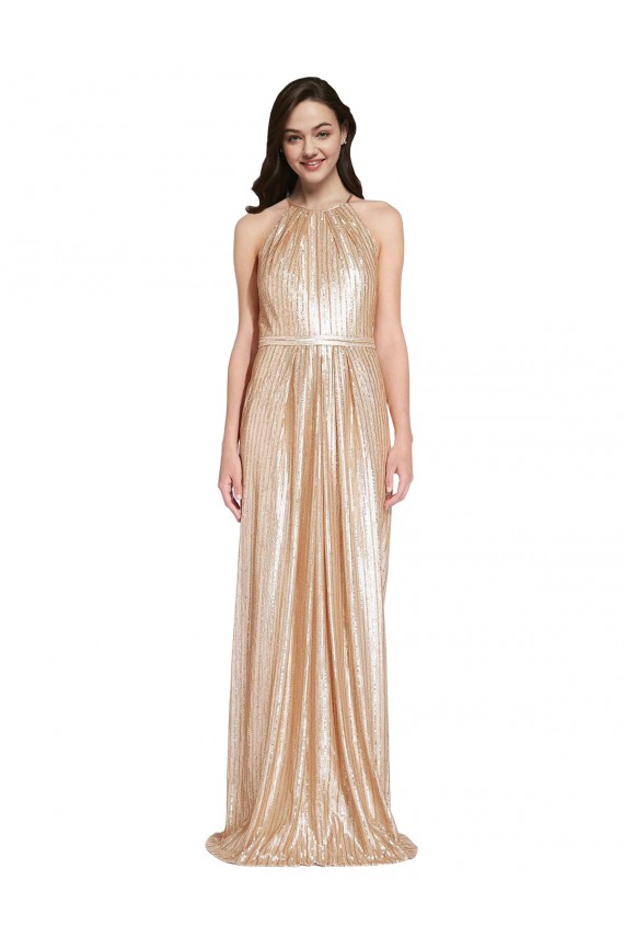 Buy High Neck Long Sequin Gold Sleeveless Formal Evening Dress UK