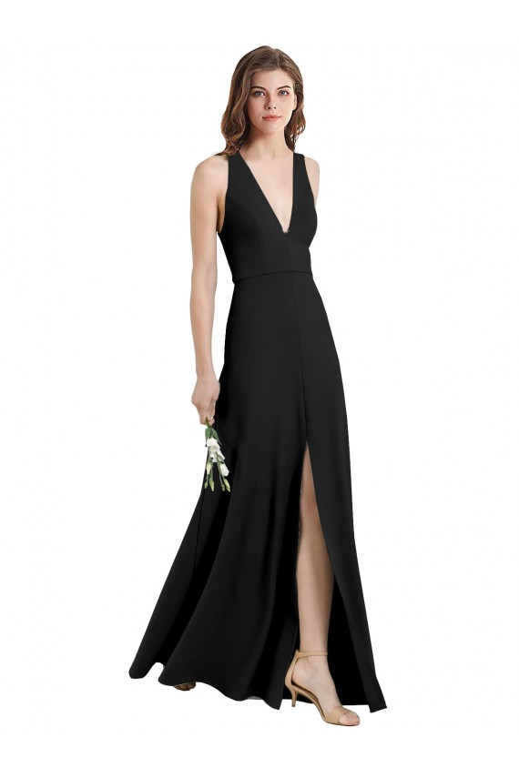 Buy High Neck Long Stretch Crepe Black Sheath Sleeveless Formal Evening Dress UK