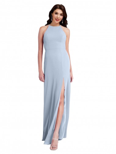 Buy High Neck Long Stretch Crepe Light Sky Blue Sheath Sleeveless Formal Evening Dress UK