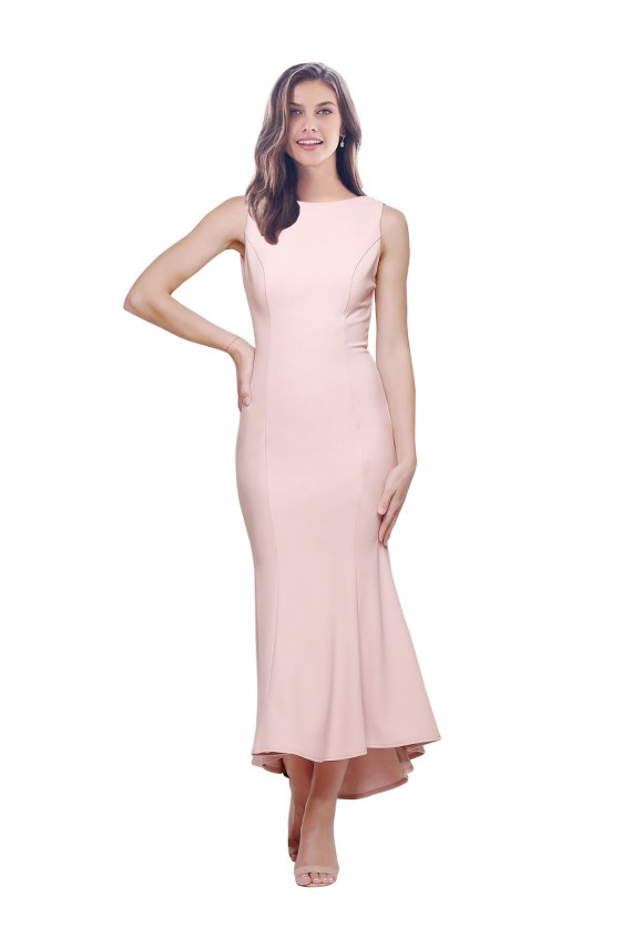 Buy High Neck Midi Length Stretch Crepe Pink Sleeveless High Low Evening Dress UK