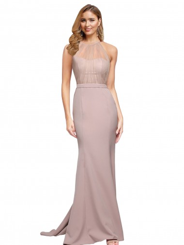 Buy High Neck Sweep Train Stretch Crepe Dusty Pink Sheath Sleeveless Formal Evening Dress UK