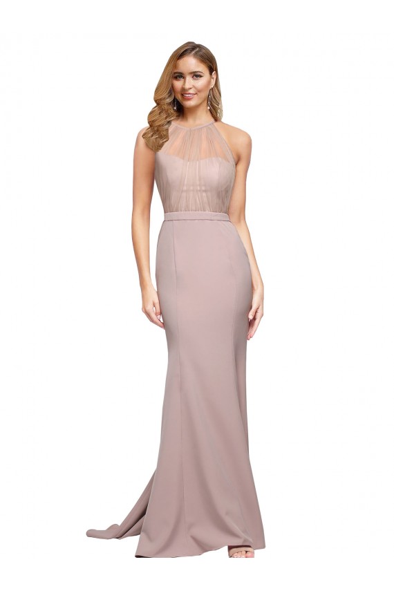 Buy High Neck Sweep Train Stretch Crepe Dusty Pink Sheath Sleeveless Formal Evening Dress UK