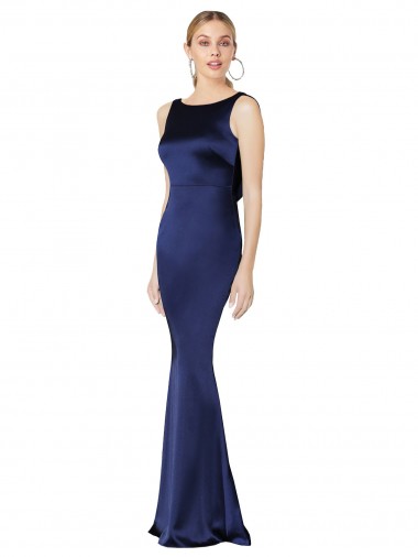 Buy High Neck Long Stretch Satin Dark Navy Sleeveless Formal Evening Dress UK