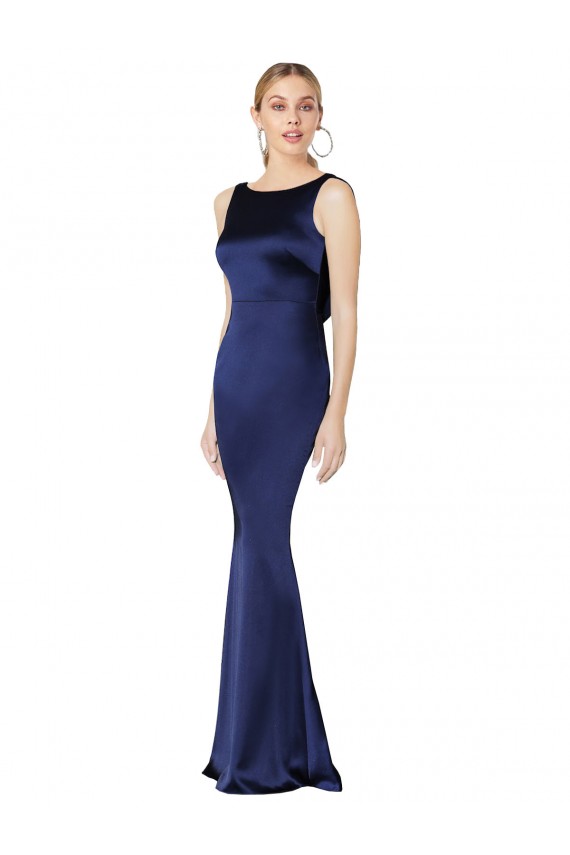 Buy High Neck Long Stretch Satin Dark Navy Sleeveless Formal Evening Dress UK