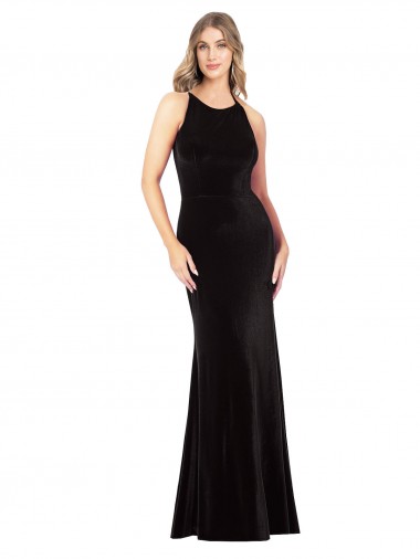 Buy Jewel Neck Long Stretch Velvet Black Sleeveless Formal Evening Dress UK