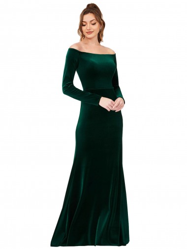 Buy Off the Shoulder Long Stretch Velvet Dark Green Long Sleeves Formal Evening Dress UK