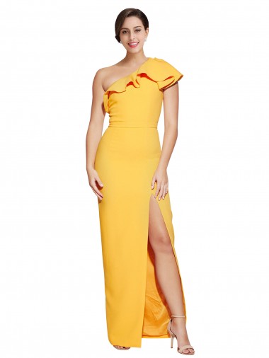 Buy One Shoulder Long Stretch Crepe Saffron Sleeveless Formal Evening Dress UK