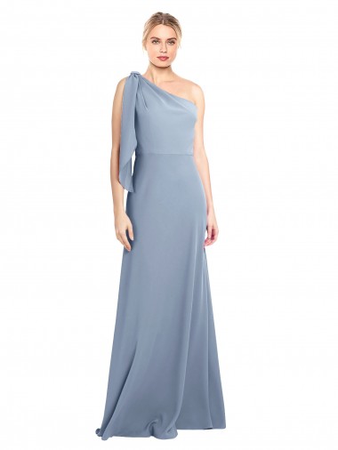 Buy One Shoulder Long Stretch Crepe Smoke Blue Flutter Sleeves Evening Dress UK