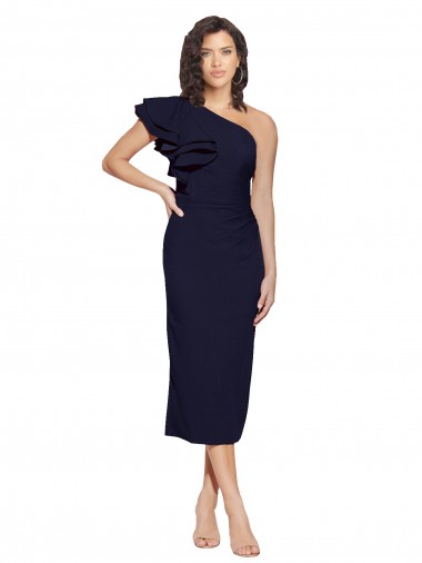 Buy One Shoulder Midi Length Stretch Crepe Dark Navy Sleeveless Formal Evening Dress UK