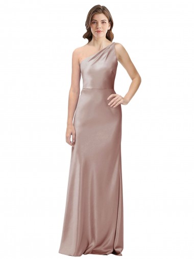 Buy One Shoulder Long Stretch Satin Dusty Pink Sleeveless Formal Evening Dress UK