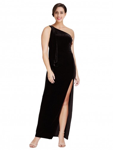 Buy One Shoulder Long Stretch Velvet Black Sleeveless Formal Evening Dress UK