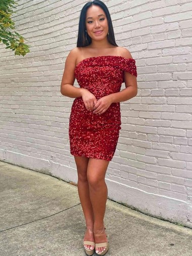 Buy One Shoulder Short Velvet Sequin Burgundy Sleeveless Evening Dress UK