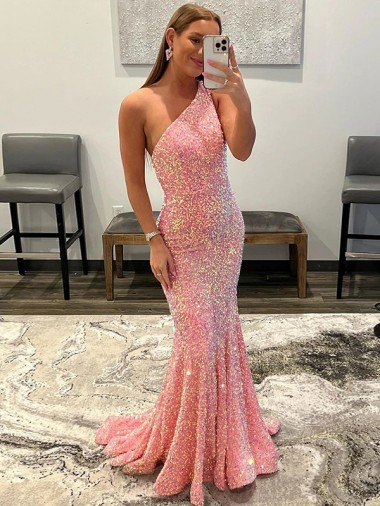 Buy One Shoulder Sweep Train Velvet Sequin Pink Sleeveless Evening Dress UK