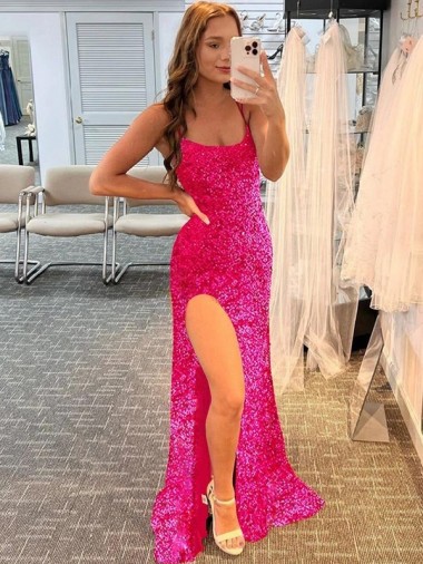 Buy Spaghetti Straps Sweep Train Velvet Sequin Fuchsia Sleeveless Evening Dress UK