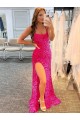 Buy Spaghetti Straps Sweep Train Velvet Sequin Fuchsia Sleeveless Evening Dress UK