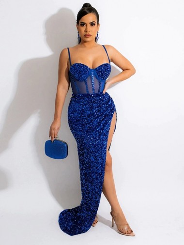 Buy Spaghetti Straps Sweep Train Velvet Sequin Royal Blue Sleeveless Evening Dress UK