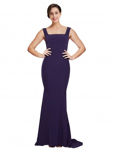 Buy Square Neck Sweep Train Stretch Crepe Dark Navy Sleeveless Semi Formal Evening Dress UK