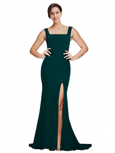 Buy Square Neck Sweep Train Stretch Crepe Midnight Green Sleeveless Semi Formal Evening Dress UK