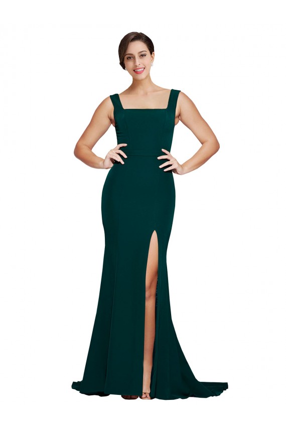 Buy Square Neck Sweep Train Stretch Crepe Midnight Green Sleeveless Semi Formal Evening Dress UK