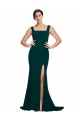 Buy Square Neck Sweep Train Stretch Crepe Midnight Green Sleeveless Semi Formal Evening Dress UK