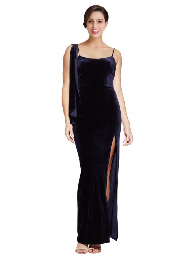 Buy Square Neck Long Stretch Velvet Dark Navy Sleeveless Formal Evening Dress UK