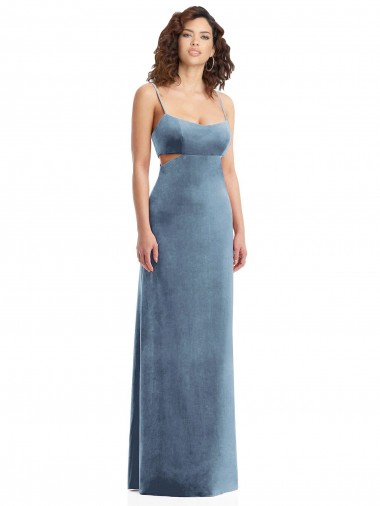 Buy Square Neck Long Stretch Velvet Dusty Blue Sleeveless Formal Evening Dress UK