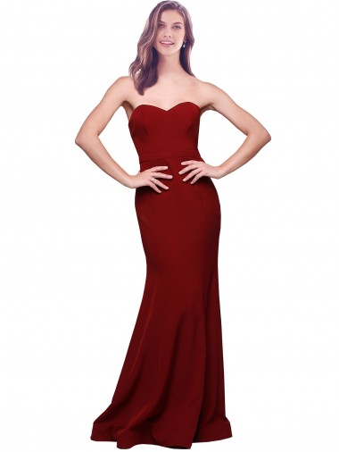 Buy Strapless Long Stretch Crepe Burgundy Sleeveless Formal Evening Dress UK