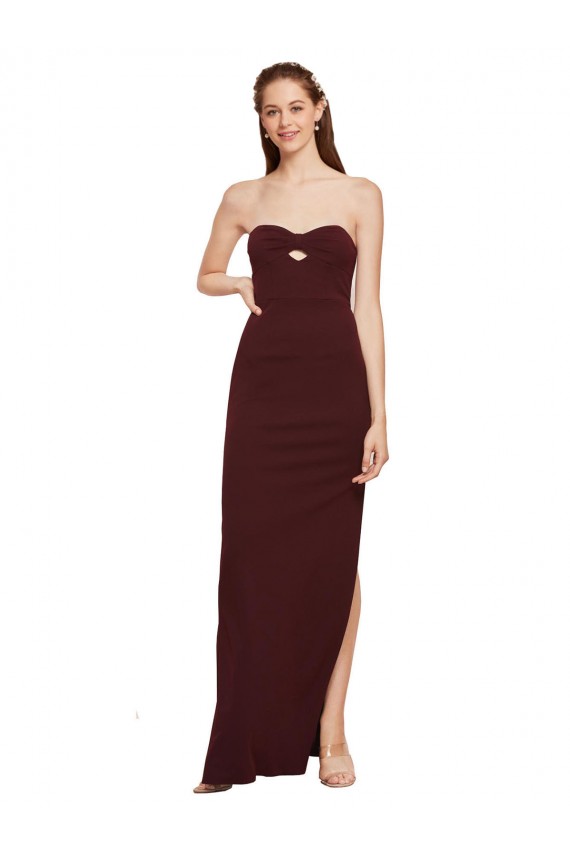 Buy Strapless Long Stretch Crepe Burgundy Gold Sleeveless Formal Evening Dress UK