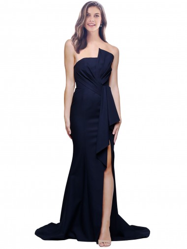 Buy Strapless Sweep Train Stretch Crepe Dark Navy Sheath Sleeveless Semi Formal Evening Dress UK