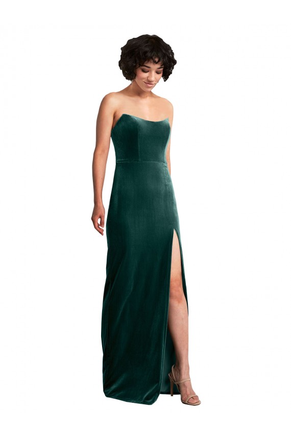 Buy Strapless Long Stretch Velvet Dark Green Sleeveless Black Tie Evening Dress UK