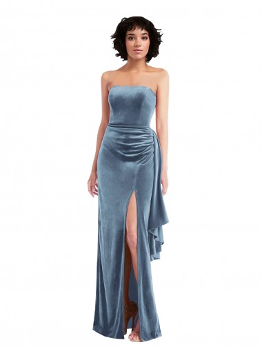 Buy Strapless Long Stretch Velvet Dusty Blue Sleeveless Formal Evening Dress UK