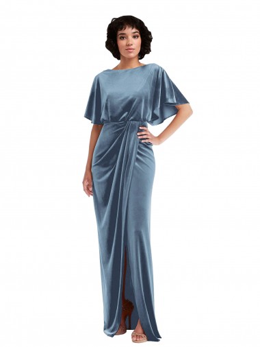 Buy Long Stretch Velvet Dusty Blue Flutter Sleeves Semi Formal Evening Dress UK