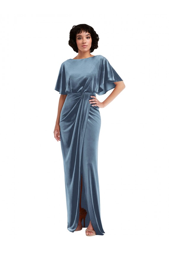 Buy Long Stretch Velvet Dusty Blue Flutter Sleeves Semi Formal Evening Dress UK