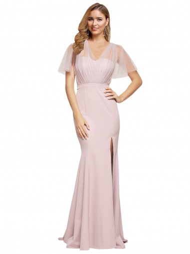 Buy Sweetheart Long Stretch Crepe & Tulle Mauve Short Sleeves Formal Evening Dress UK