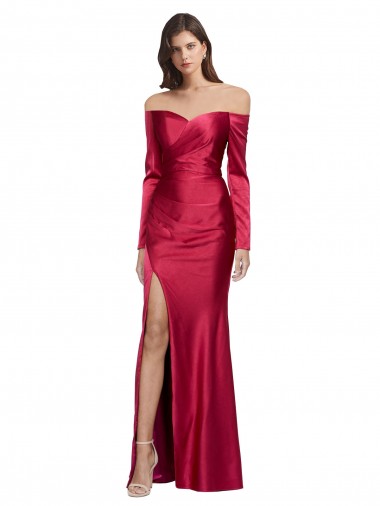 Buy Sweetheart Long Stretch Satin Dark Red Long Sleeves Formal Evening Dress UK